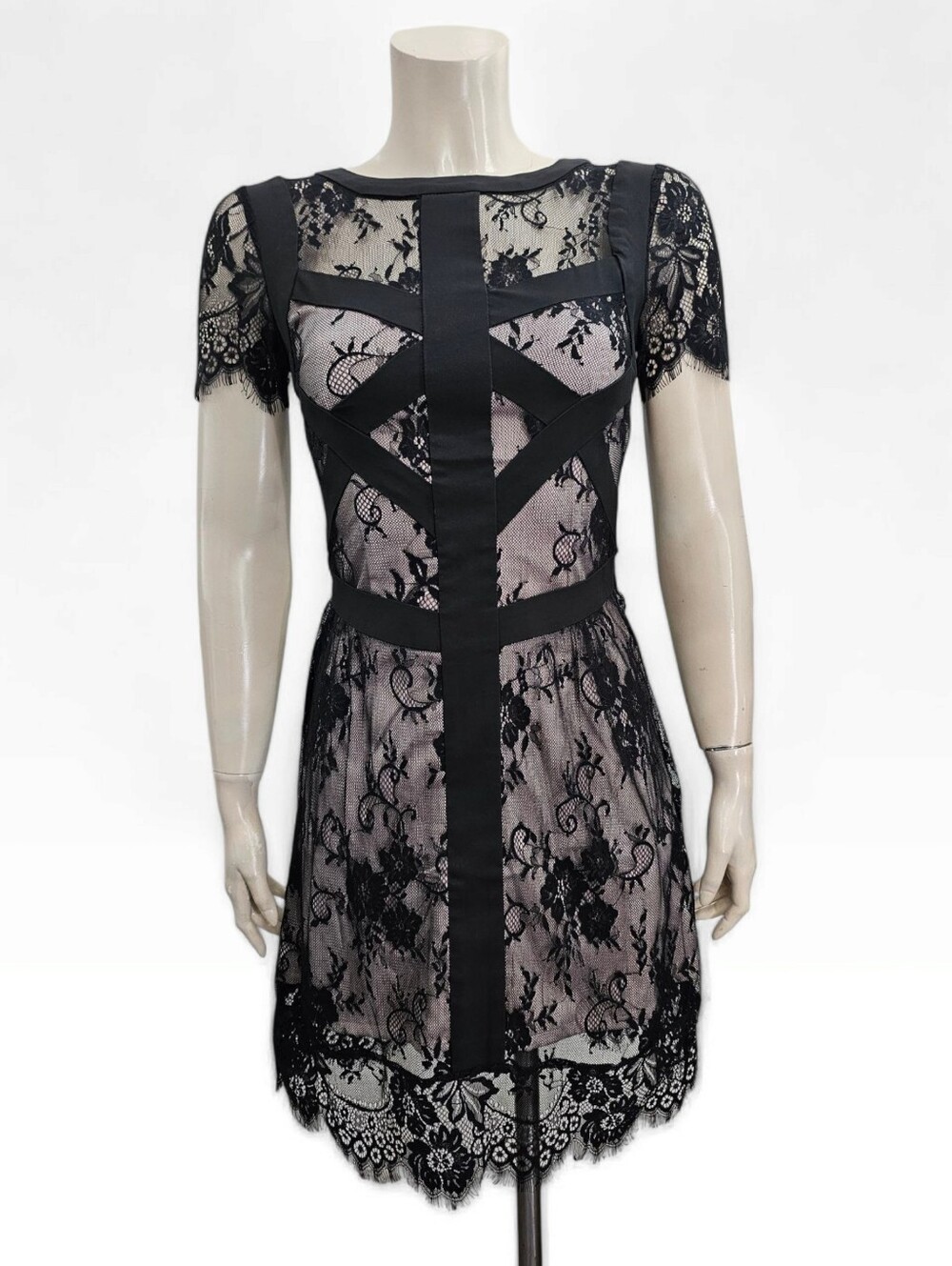 KAREN MILLEN Black Lace Panelled Nude Lining Mini Sheath Cocktail Dress 4